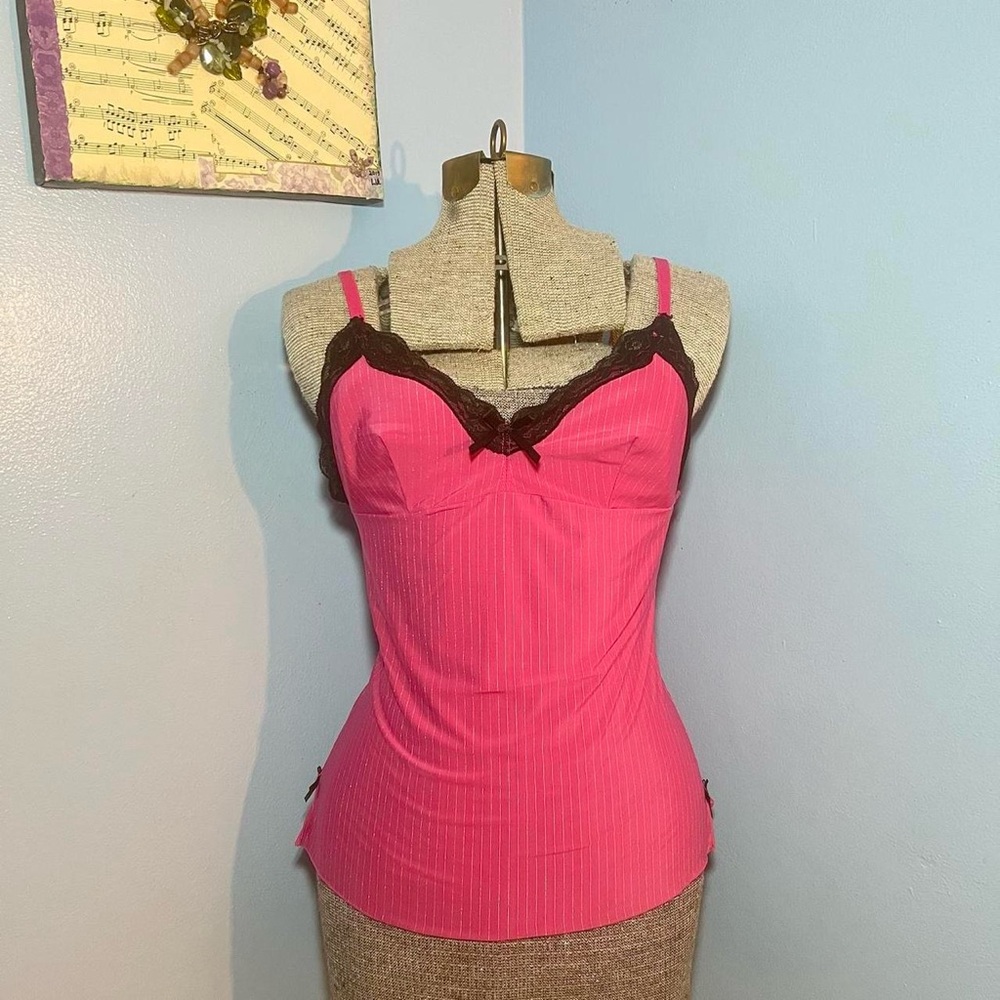 Pink pinstripe tank w lace trim/bow detail